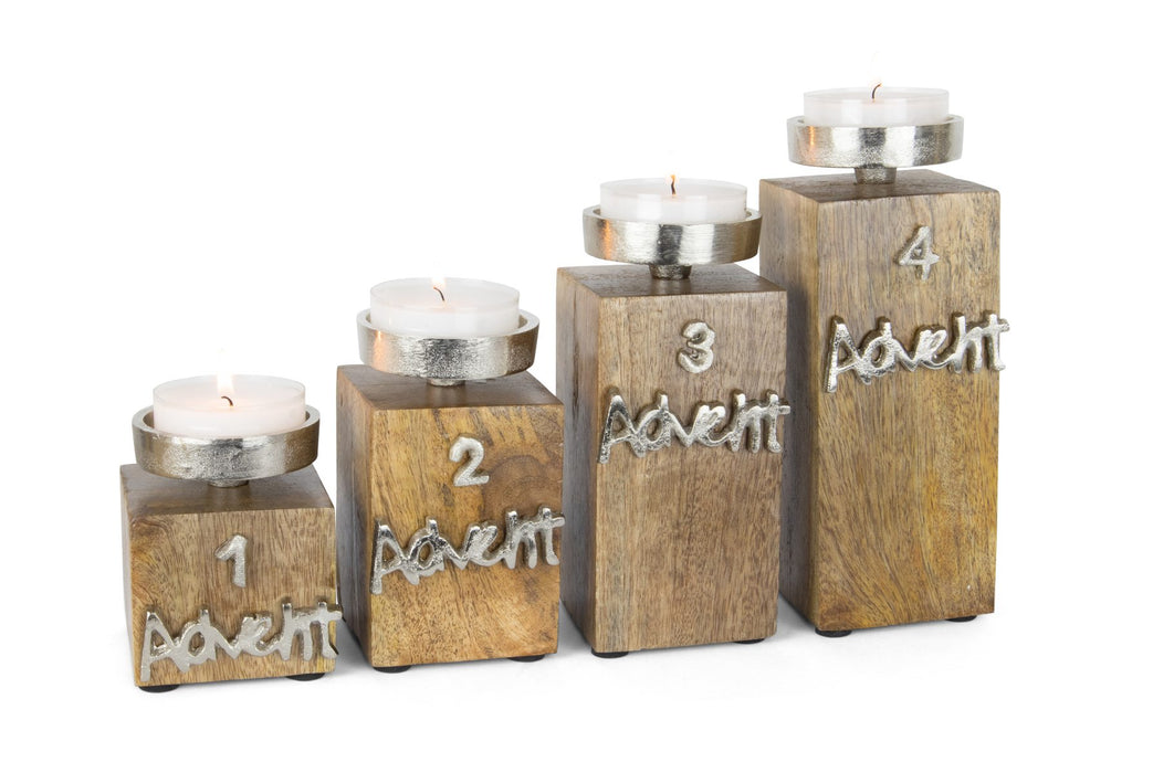 Adventskerzenhalter 1.-4. Advent | Holzblöcke Braun Silber | Zahlen-Schriftzug | 10913