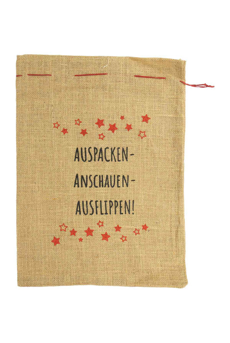 Riffelmacher Jutesack | Auspacken Anschauen Ausflippen | 36x48 cm | 1 Stück | Natur | Geschenksack aus Jute für Weihnachten & Überraschungen 12338