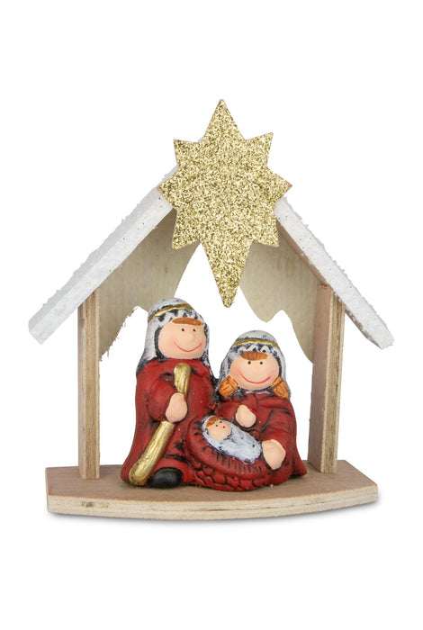 Krippe mit 3 Figuren | Keramik & Holz | 14x15 cm | rot gold | 12477