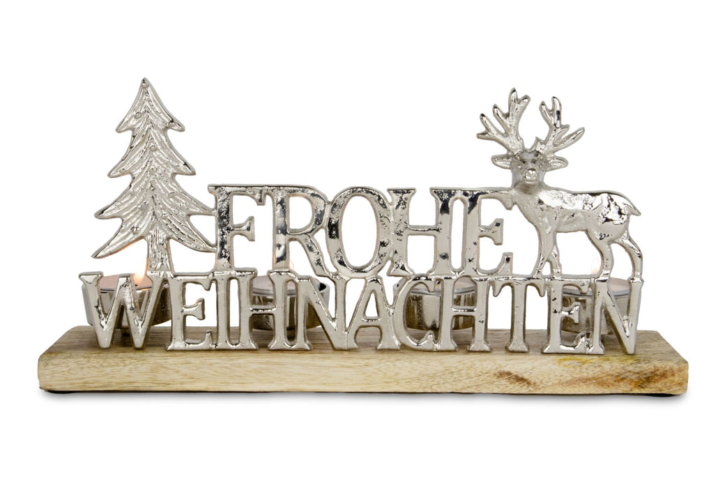Adventskerzenhalter mit Tanne & Hirsch | Metallmotiv "Frohe Weihnachten" | 30×6,5×15 cm | 12738