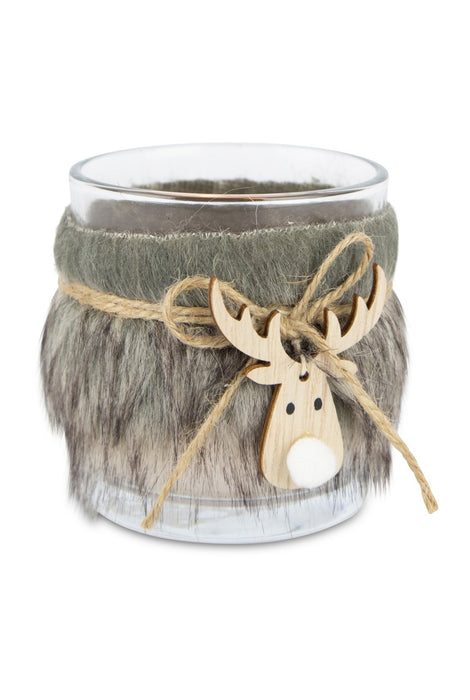 Windlicht mit Filz & Hirschkopf | 7,5x8 cm | Glas grau | Winterdeko | 13130
