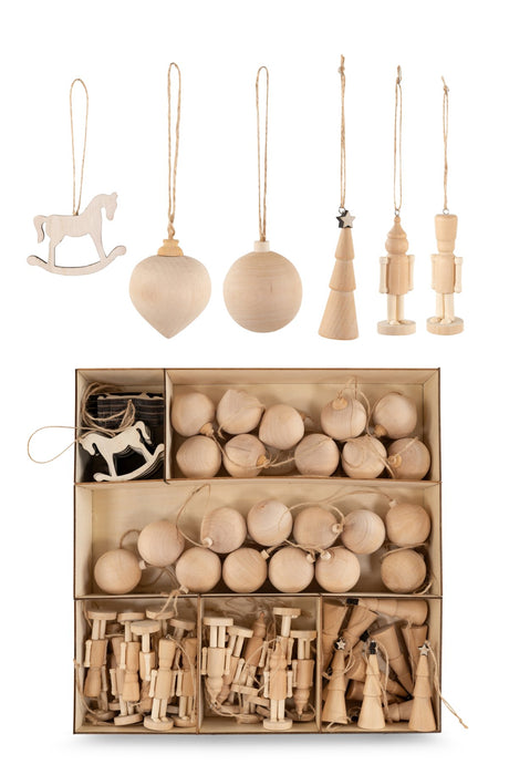 Riffelmacher Holz-Baumschmuck Set | 60-teilig | 6 natürliche Varianten | Hellbraun | 5-9 cm | Weihnachtsdeko aus Holz | 13577