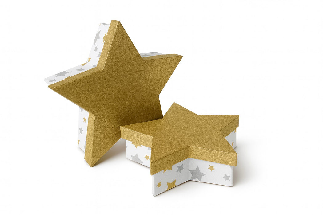 Riffelmacher Geschenkbox 2er Set | Sternform mit Deckel | Gold & Weiß mit Sternenmuster | Aus Pappe | ca. 19 x 5,5 cm Deko & Geschenkverpackung 14869