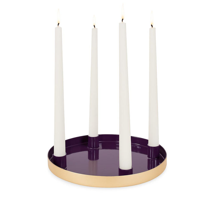 Advents-Tablett mit 4 Kerzenhaltern | Lila Gold Metall 25,5×2 cm | 15866