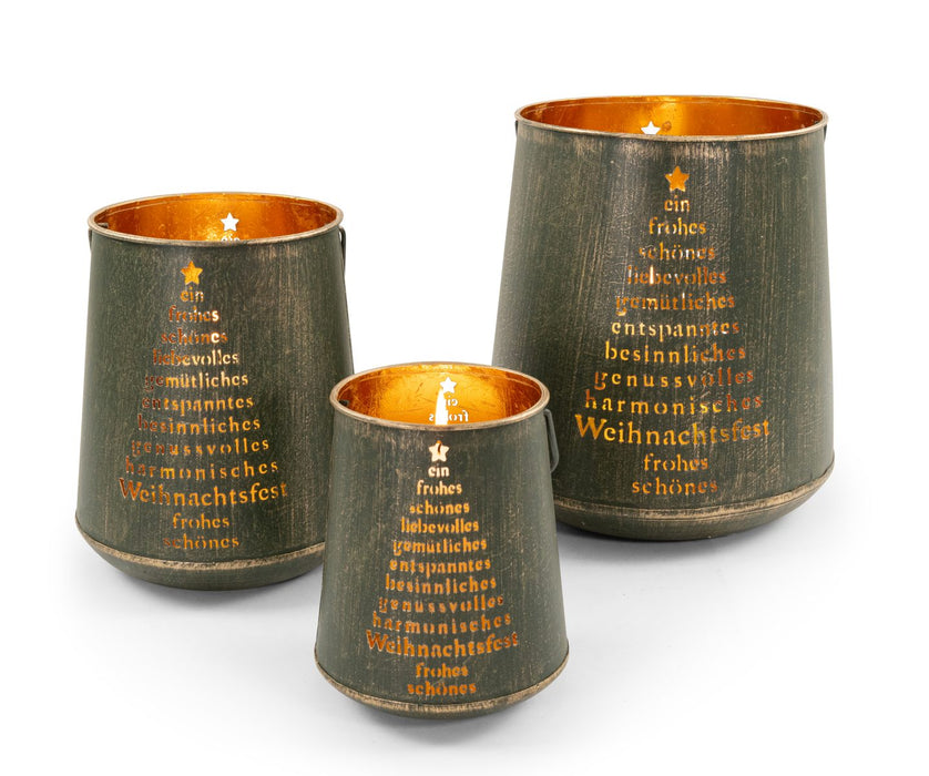 Laternenset 3er Set | Metall grün/gold | mit Weihnachts-Schriftzügen | 16418