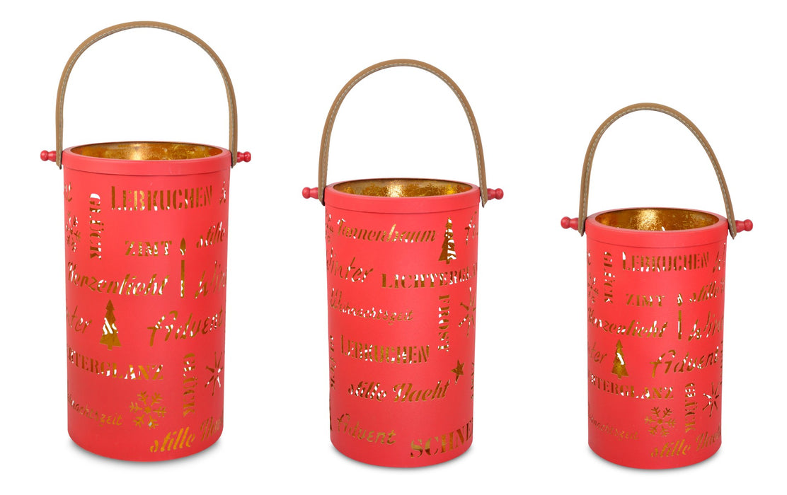 Laternen-Set mit weihnachtlichen Schriftzügen | Rot Gold | 3er Set mit Henkel | 19183