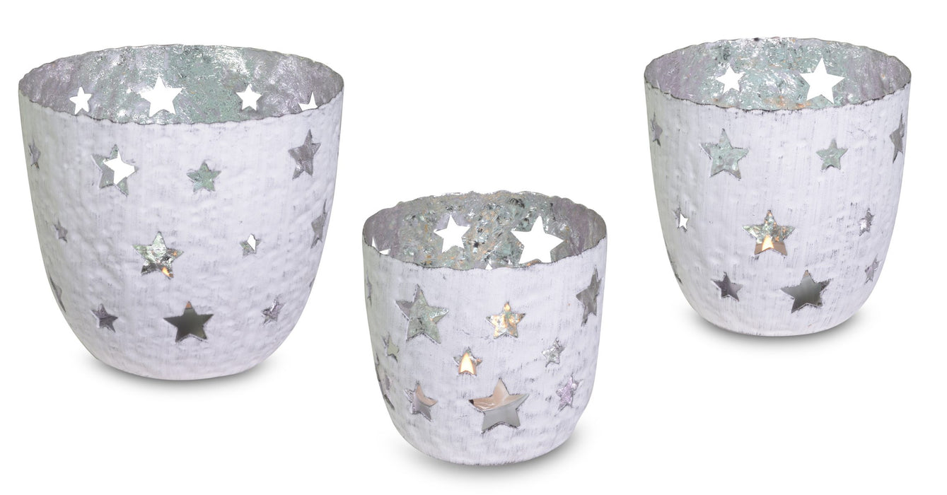 Windlichter 3er Set | Sterne Weiß Silber | Metall 12/10/8 cm | Weihnachten | 19191