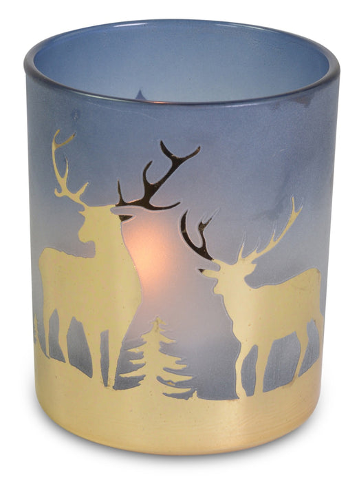 Kerzenglas mit goldenem Hirsch | Blau Gold | Glas 7×8 cm | Weihnachtsdeko | 19900