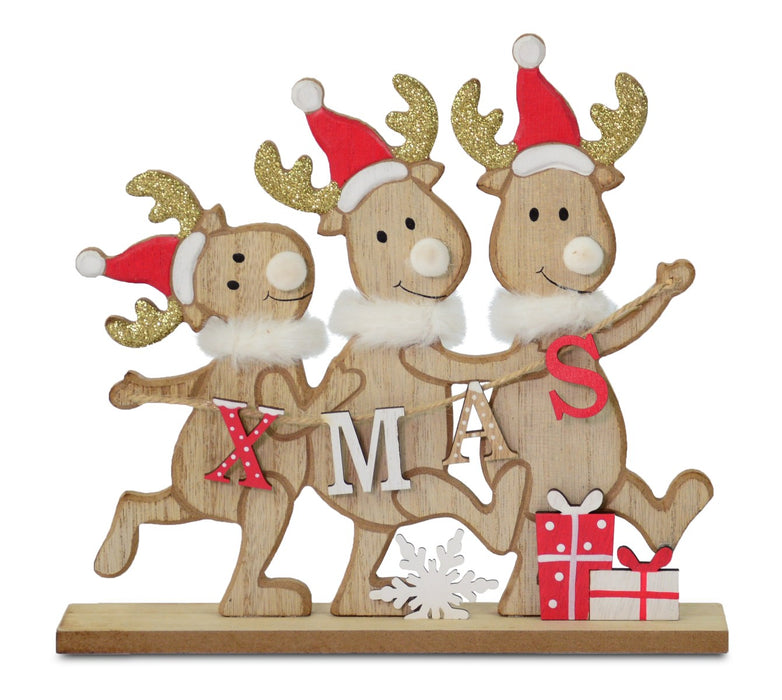 Deko-Ständer 3 Rentiere mit XMAS | Holz | 23 x 4 x 22 cm | 19932