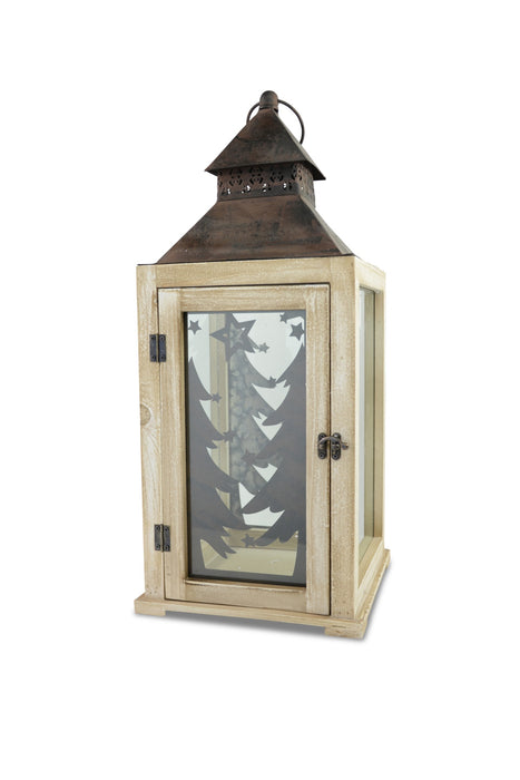 Laterne mit Weihnachtsbaum-Dekor | 24×57 cm | Holz, Glas & Metall | Braun | 70177