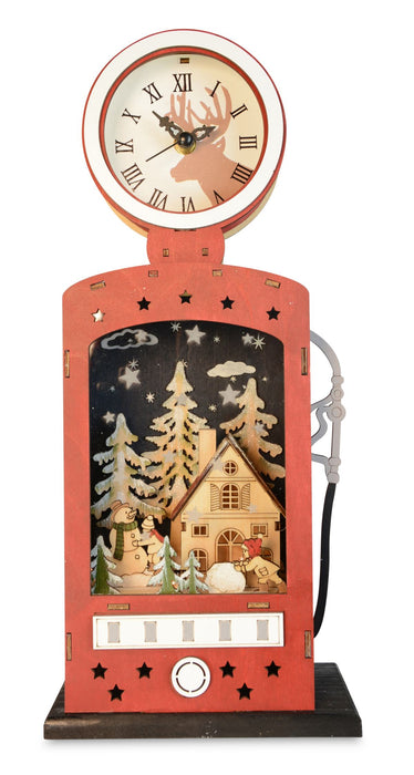 Weihnachtsdeko Retro-Zapfsäule mit Uhr & LED | Holz Rot | 14×40 cm | 76206