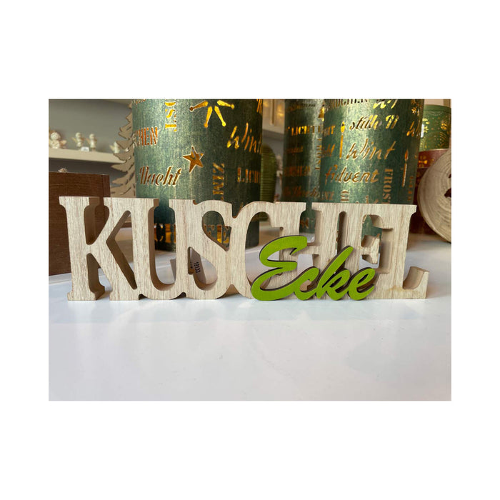 Deko Schriftzug "KuschelEcke" 29 x 8 cm Natur Grün | 19133 - Holz Dekoration