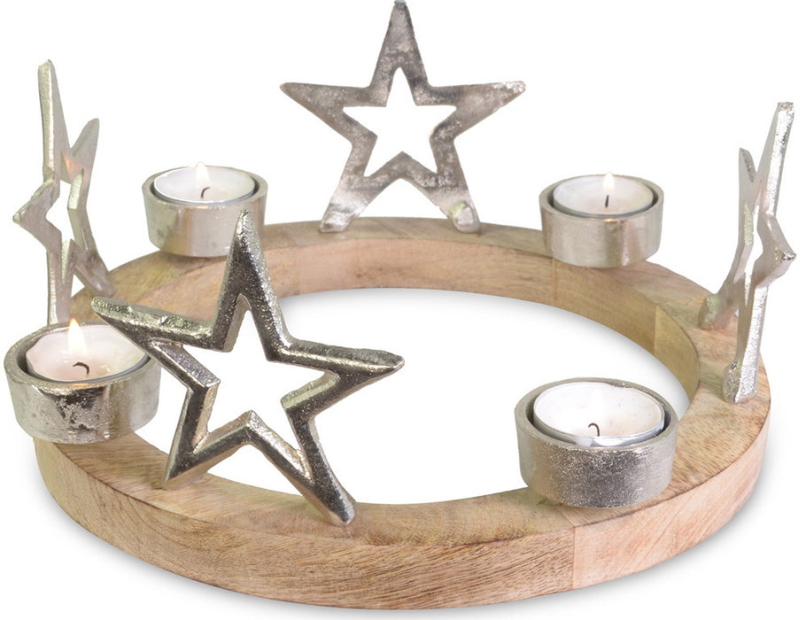 Holz Adventskranz mit Sternen für Teelichter Ø 25 cm | 75219 - Silber Kerzenhalter