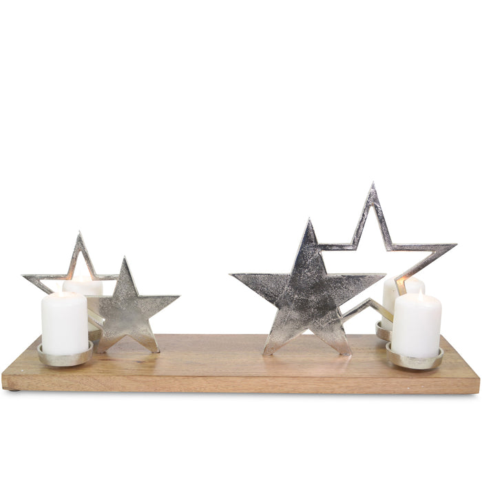 XL Holz Adventskerzenhalter mit Sternen - Silber 68x20x30 cm | 24614 - Adventskranz