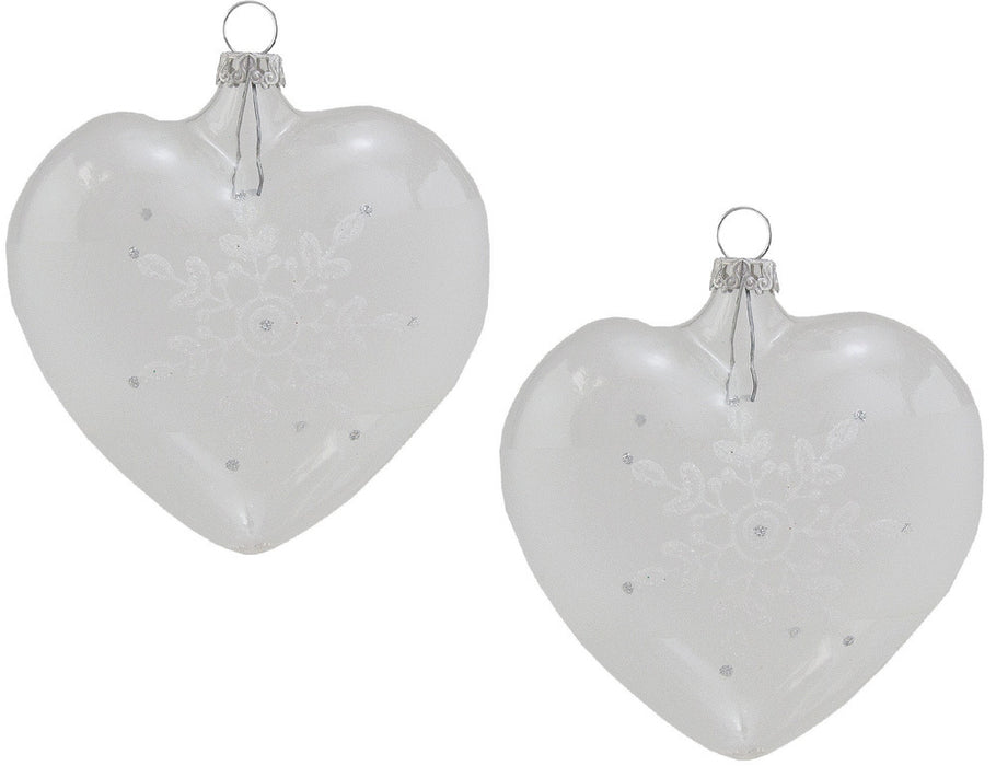 Thüringer Glasdesign Herzen (2 Stück) Ø 8 cm - Weiß/Silber | Glas Weihnachtsbaumkugeln Made in Germa