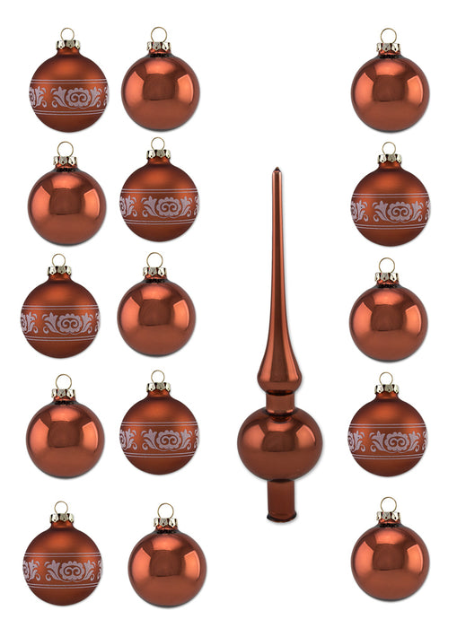 Thüringer Glasdesign Weihnachtskugel-Set 16-tlg. - Cappuccino mit Glitzer Dekor Reh im Wald - A016-2