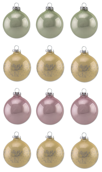 Thüringer Glasdesign Weihnachtskugel-Set 6cm 12-tlg. - Pastell mit Glitzer Dekor lustige Schneemänne