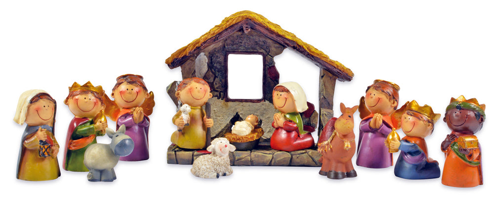 Kinder Krippenfiguren Set 12-tlg. mit Stall - 2,5-9,0 cm | 78356 - Weihnachtskrippe