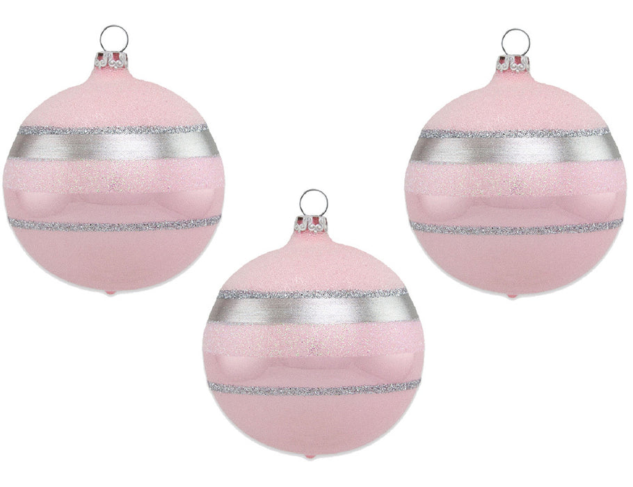 Thüringer Glasdesign Weihnachtsbaumkugel Ø 8 cm (3 Stück) - Glitterstreifen Rosa Opal