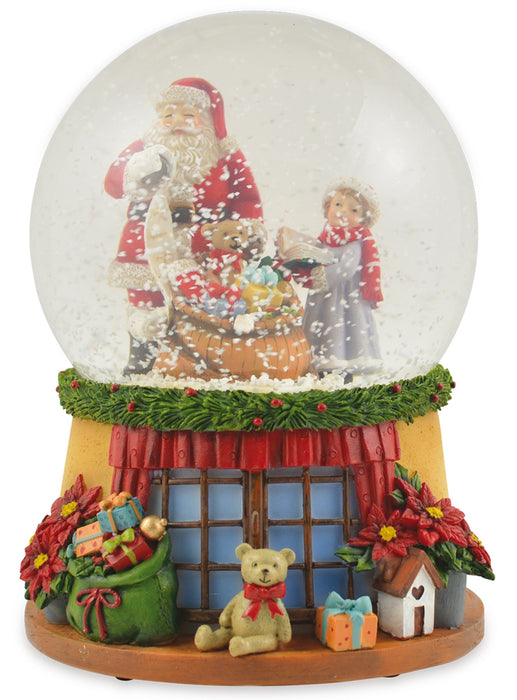 Spieluhr Schneekugel "Weihnachtsmann mit Geschenkesack und Teddy" 14 cm | 72284