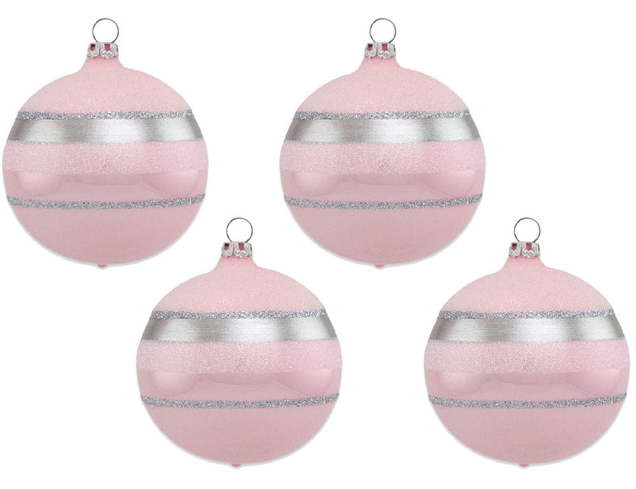 Thüringer Glasdesign Weihnachtsbaumkugel Ø 6 cm (4 Stück) - Glitterstreifen Rosa Opal