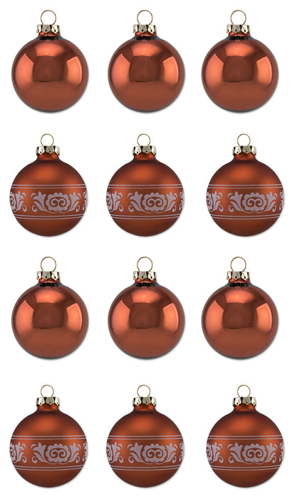 Thüringer Glasdesign Weihnachtskugel-Set 8cm 12-tlg. - Kupfer mit Glitzer Dekor Romantikbordüre - A0
