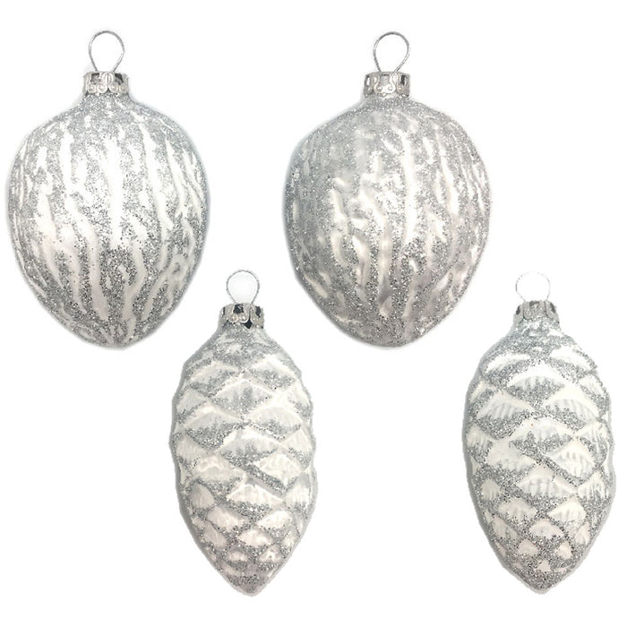 Thüringer Glasdesign Zapfen und Nüsse Set 004-01010-1233 | 4-tlg. | ca. 6cm - Weiß Emaille