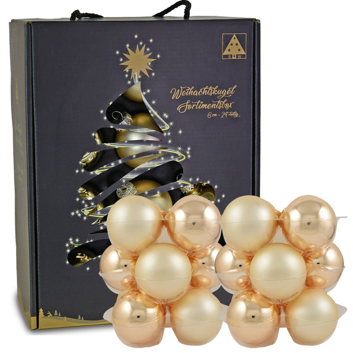 Riffelmacher Glas Weihnachtskugeln im Koffer 26253 | 24 Stück | Ø 6 cm - Champagner