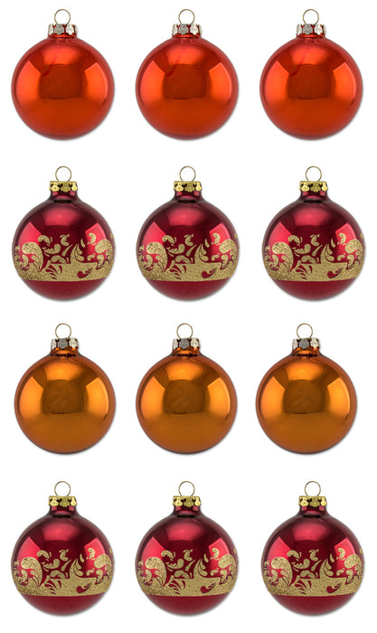 Thüringer Glasdesign Weihnachtskugel-Set 8cm 12-tlg. - Sienna mit Glitzer Dekor Wellengang - A012-08