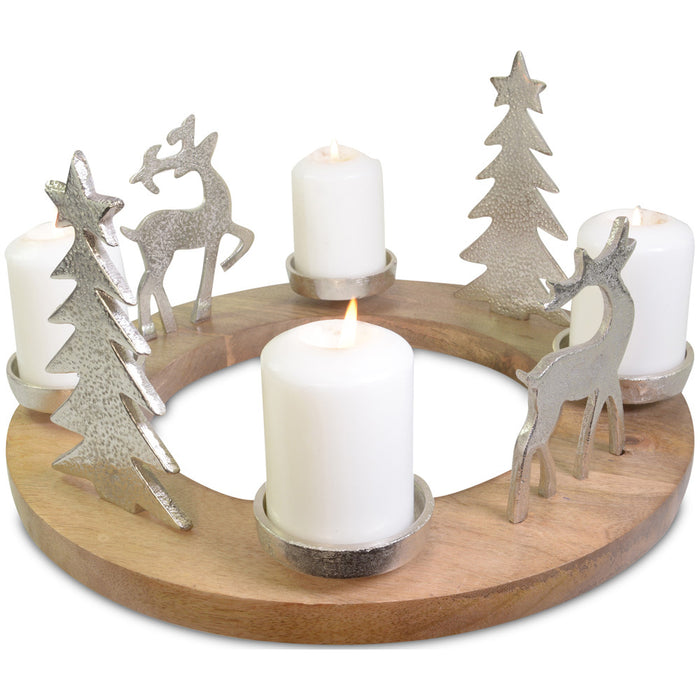 Adventskranz mit Hirschen und Christbäumen Ø 41 cm 24163 | Silber Metall und Holz