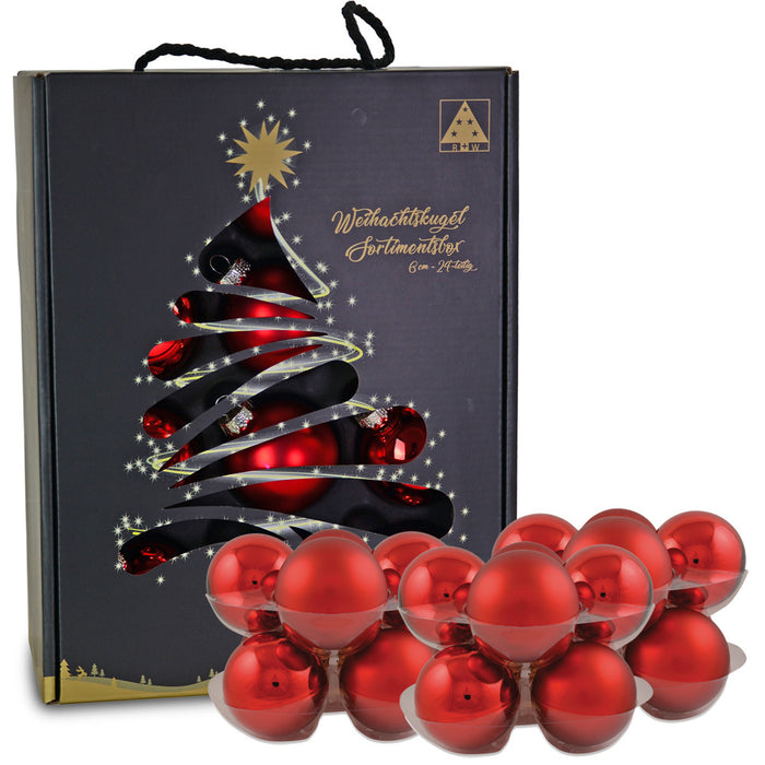 Riffelmacher Glas Weihnachtskugeln im Koffer 26252 | 24 Stück | Ø 6 cm - Rot