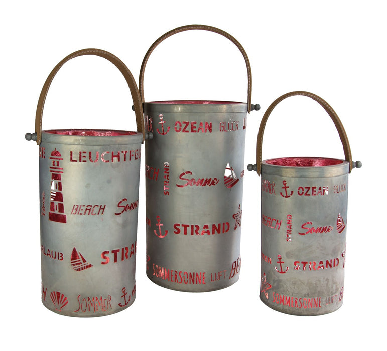 Laternen 3er Set Leuchtturm Strand | Grau & Pink | Metall | Bis 20×36 cm | 08734
