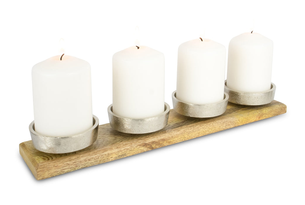 Adventsleuchter | 4 Kerzenhalter | Alu & Holz Silber | 38,5 x 7,5 x 4 cm | 11746