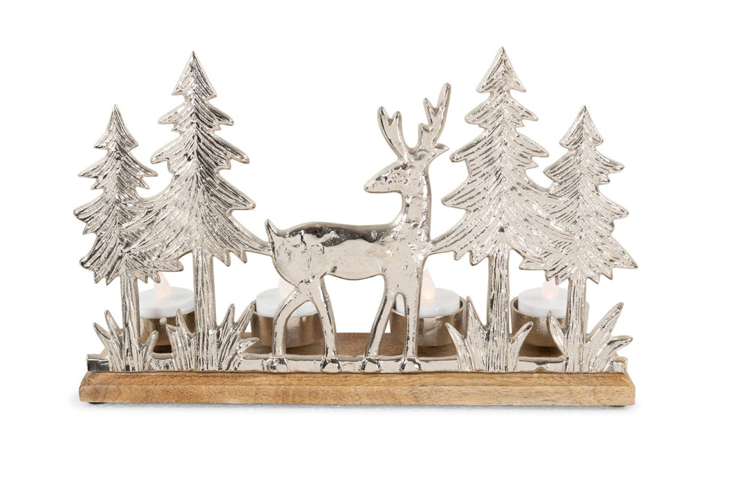 Riffelmacher Dekotablett mit 4 Kerzenhaltern | 30,5x7,5x19 cm | Aluminium silber | Winterlandschaft Hirsch & Bäume | Advent Weihnachten | 15796