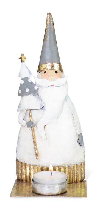 Weihnachtsmann mit Teelichthalter | Metall Grau Weiß Gold | 8,5×20 cm | 18204