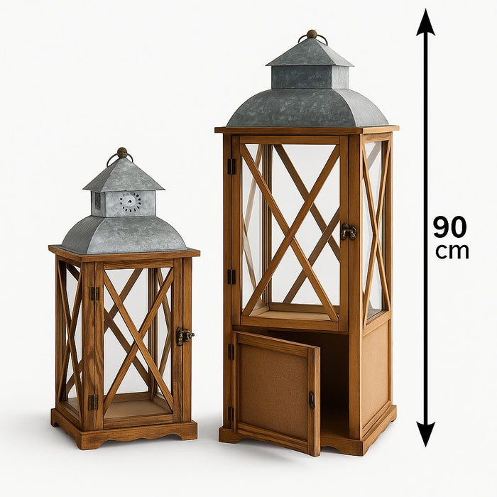 Laternen-Set aus Holz (2 Stück)  mit Kerzenkasten 20×50 & 30×90 cm  70008