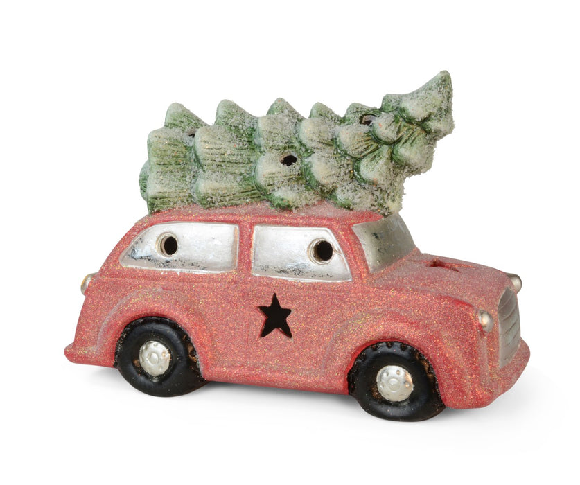 LED Deko-Auto mit Tannenbaum | Keramik Rot Grün | 23×15,5 cm | mit Licht | 70313