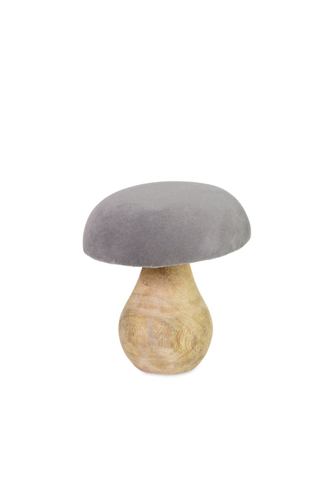 Deko-Pilz aus Mangoholz  mit grauem Samthut  8×10 cm  Naturdeko  74546