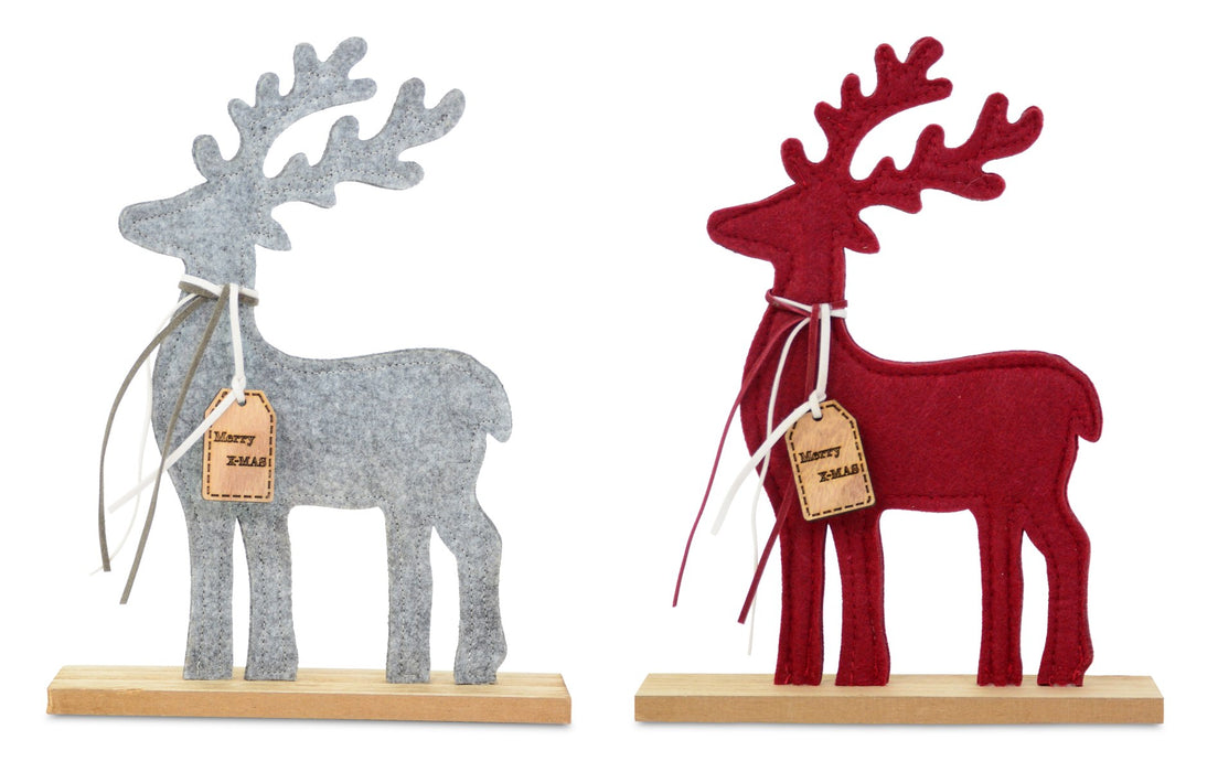 Deko Hirsch Filz auf Holzsockel | 18x23 cm | 2 Farben sortiert Grau Rot | 75263