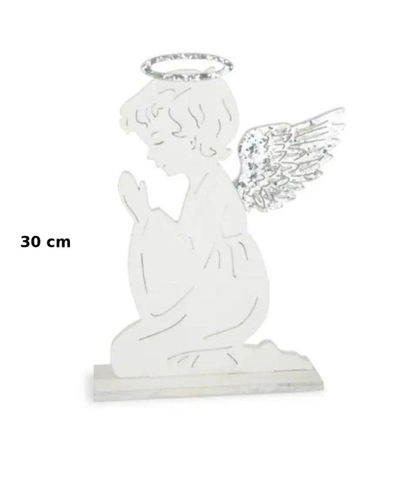Deko-Engel - Kniend & betend, 30 cm - Weiß-Silber aus Holz - 70104
