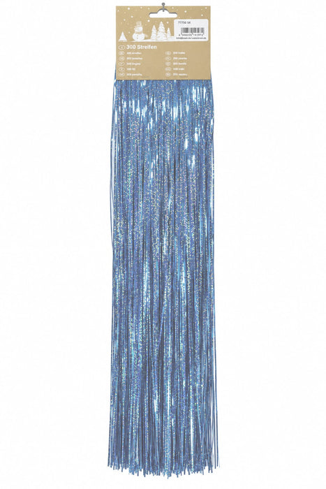 Blaue, glitzernde Lametta-Streifen als Weihnachtsdekoration in Verpackung, 300 Streifen, lang herabhängend.