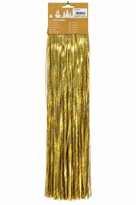 Verpackte goldene Lametta-Streifen mit Glitzereffekt, 300 Stück, als Weihnachtsdekoration zum Aufhängen.
