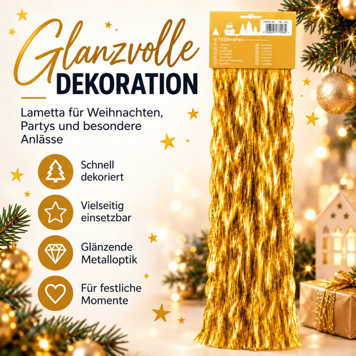 Goldenes Lametta für Weihnachten und Partys, glänzende Metallic-Dekoration in Streifenverpackung vor Festdeko