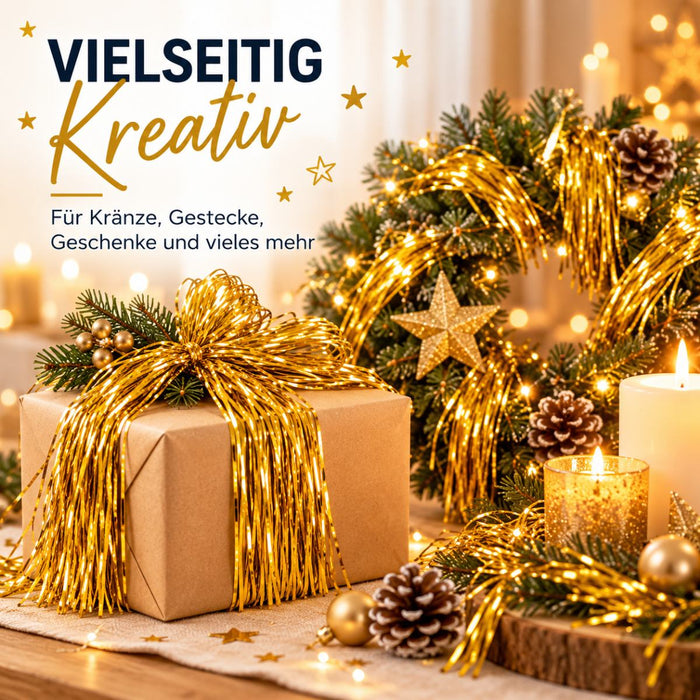 Werbebild mit golden dekoriertem Geschenk, Adventskranz und Text: Vielseitig kreativ für Kränze und Geschenke mehr