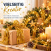 Werbebild mit golden dekoriertem Geschenk, Adventskranz und Text: Vielseitig kreativ für Kränze und Geschenke mehr