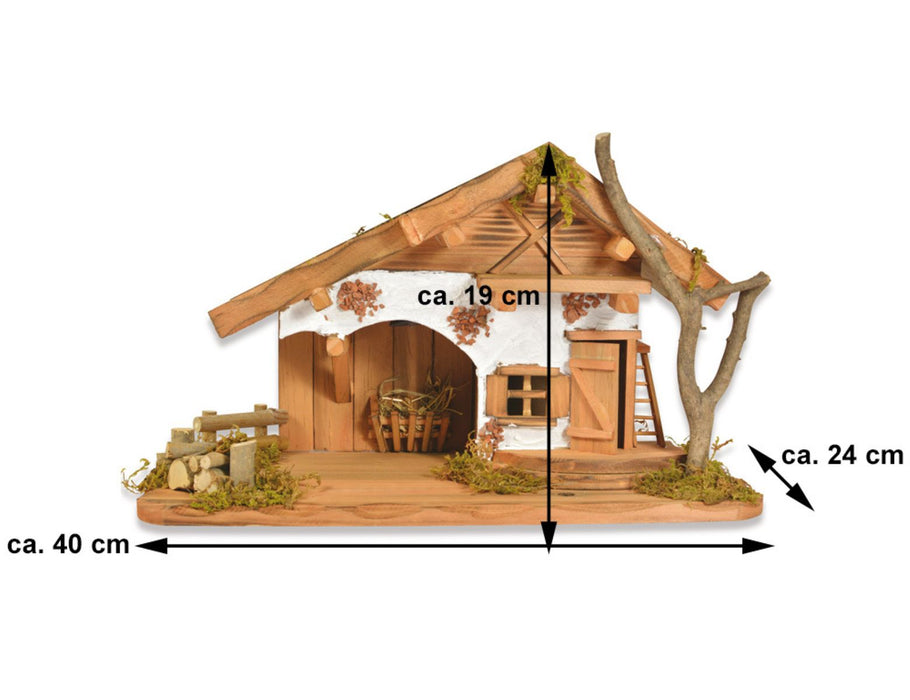 Weihnachtskrippe "Buchsalm" mit LED Laterne 78089 - 40x24x19cm | Stall Holzkrippe