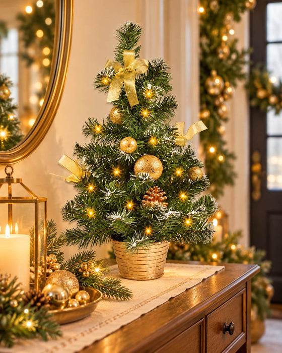 Geschmückter Weihnachtsbaum mit 20er LED Lichterkette - 50cm | Gold
