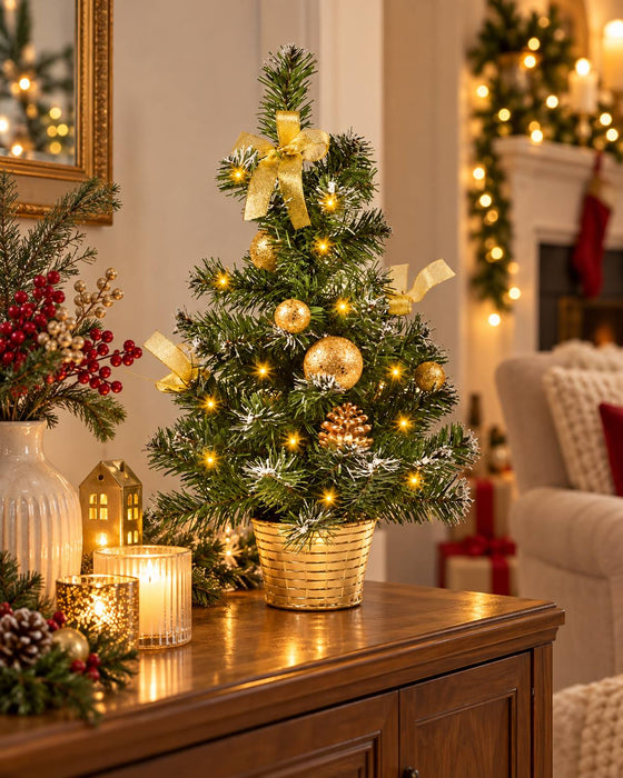 Geschmückter Weihnachtsbaum mit 20er LED Lichterkette - 50cm | Gold
