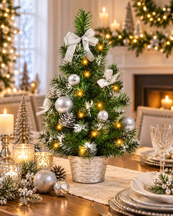 Geschmückter Weihnachtsbaum mit 20er LED Lichterkette - 50cm | 20258 - Silber