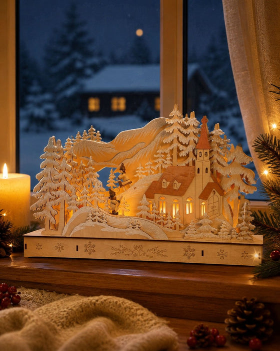 3D Weihnachtslandschaft | Thüringer Holzkunst mit LED | Natur | 44×8×29 cm | 76039